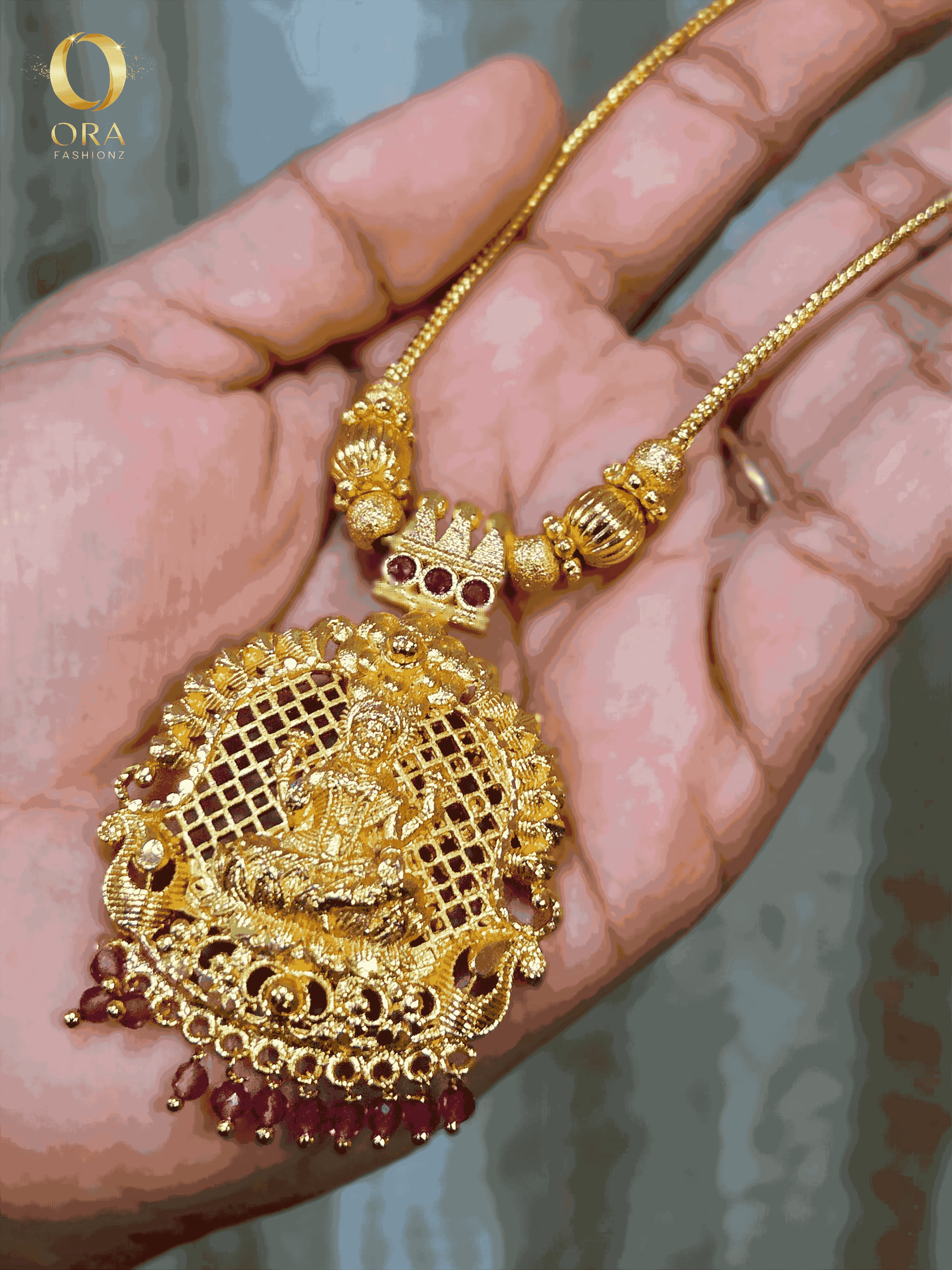 ORA GOLD-TONED RUBY STONES LAKSHMI PENDANT NECKLACE PREMIUM