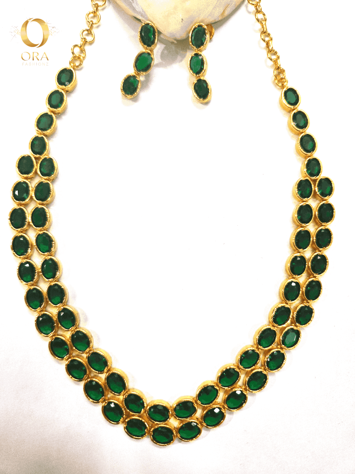 ORA GOLD-TONED DOUBLE STRAND EMERALD NECKLACE SET PREMIUM
