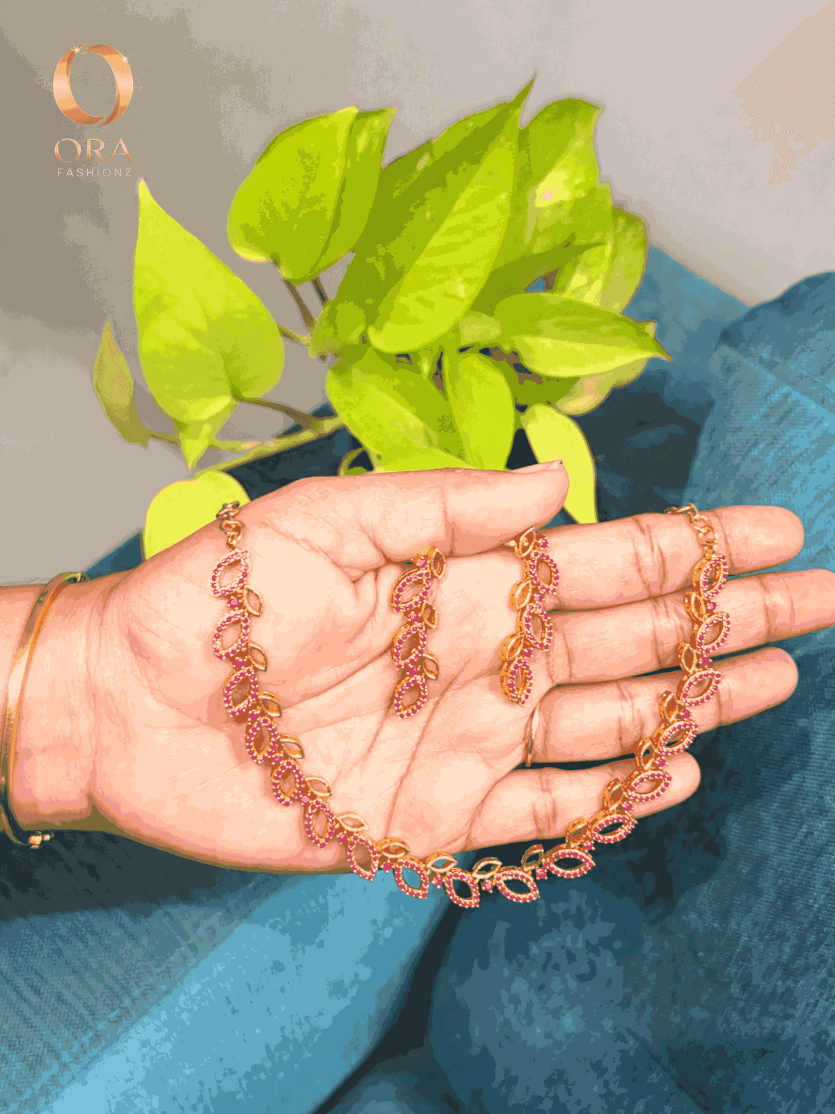 ORA GOLD-TONED ENCHANTED RUBY LEAF NECKLACE DAINTY EARRING SET
