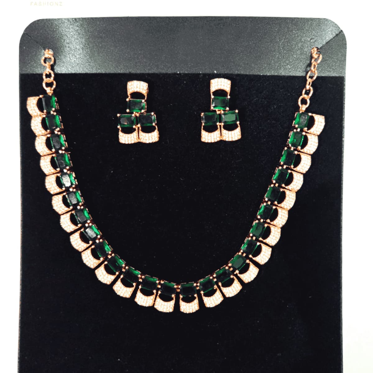 ORA Elegant Rose Gold Plated AD Emerald Necklace Set Premium 