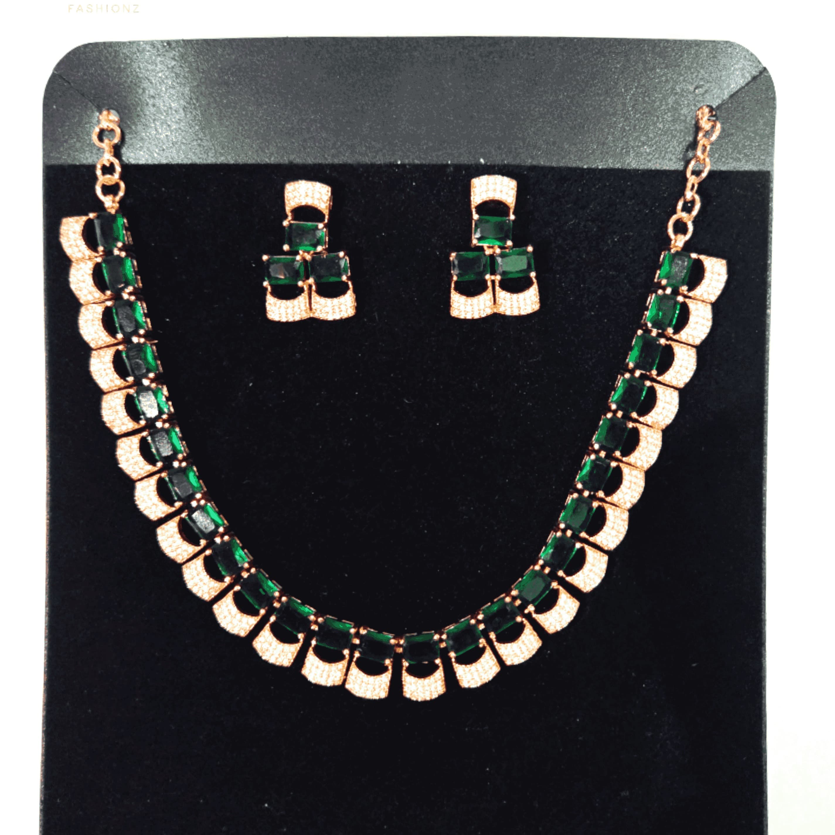 ORA Elegant Rose Gold Plated AD Emerald Necklace Set Premium 